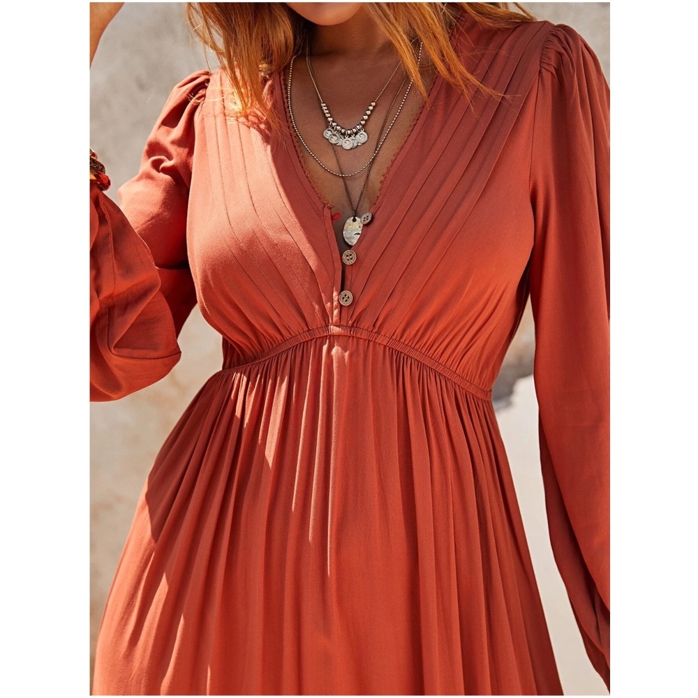 Boho Button Pleated Long Sleeve Maxi Dress - Picture 2 of 6